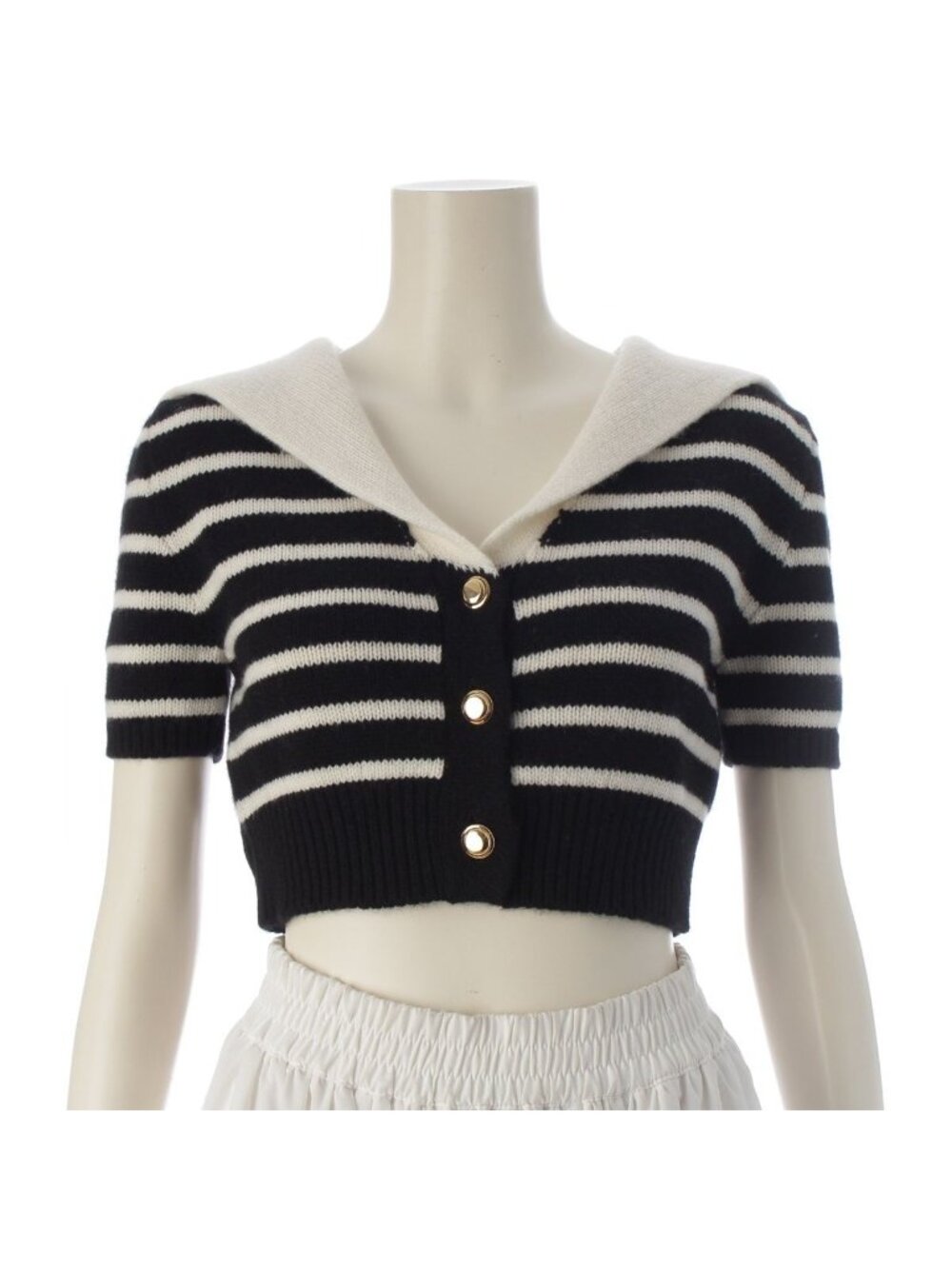 Miu Miu Cashmere Intarsia Logo Border Short Sleeve Cardigan Black White 38